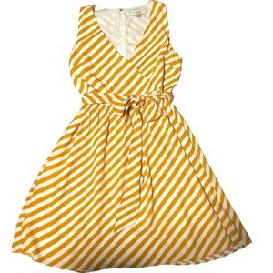 LOFT Womens Dress Yellow White Striped Sleeveless Fit Flare Belted V-Neck Mini 6